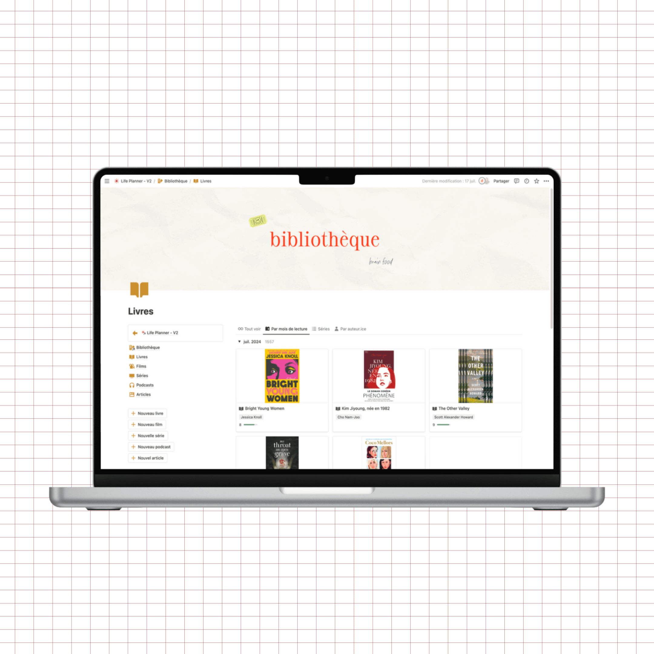 life planner notion, page bibliothèque
