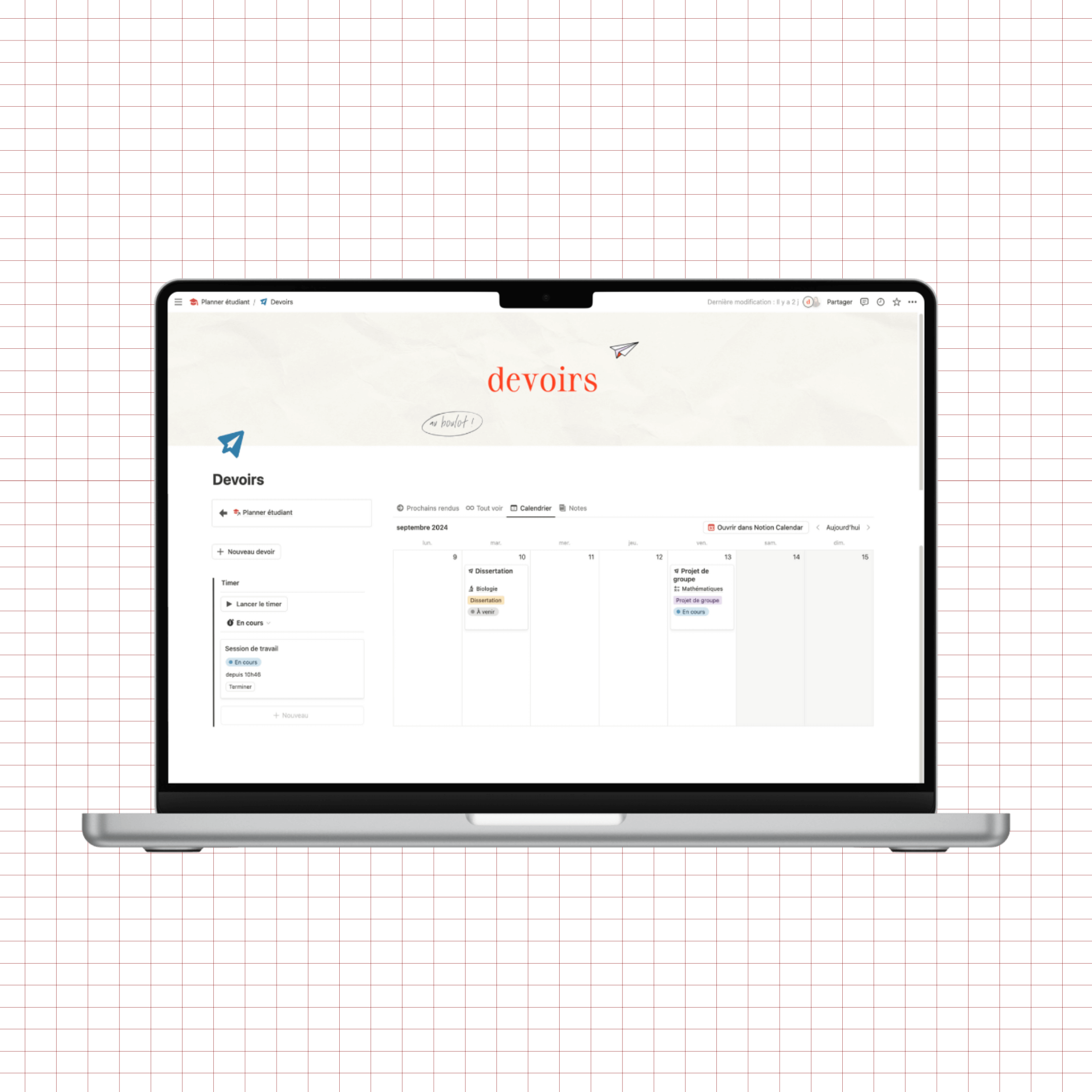 planner étudiant notion, suivi des devoirs