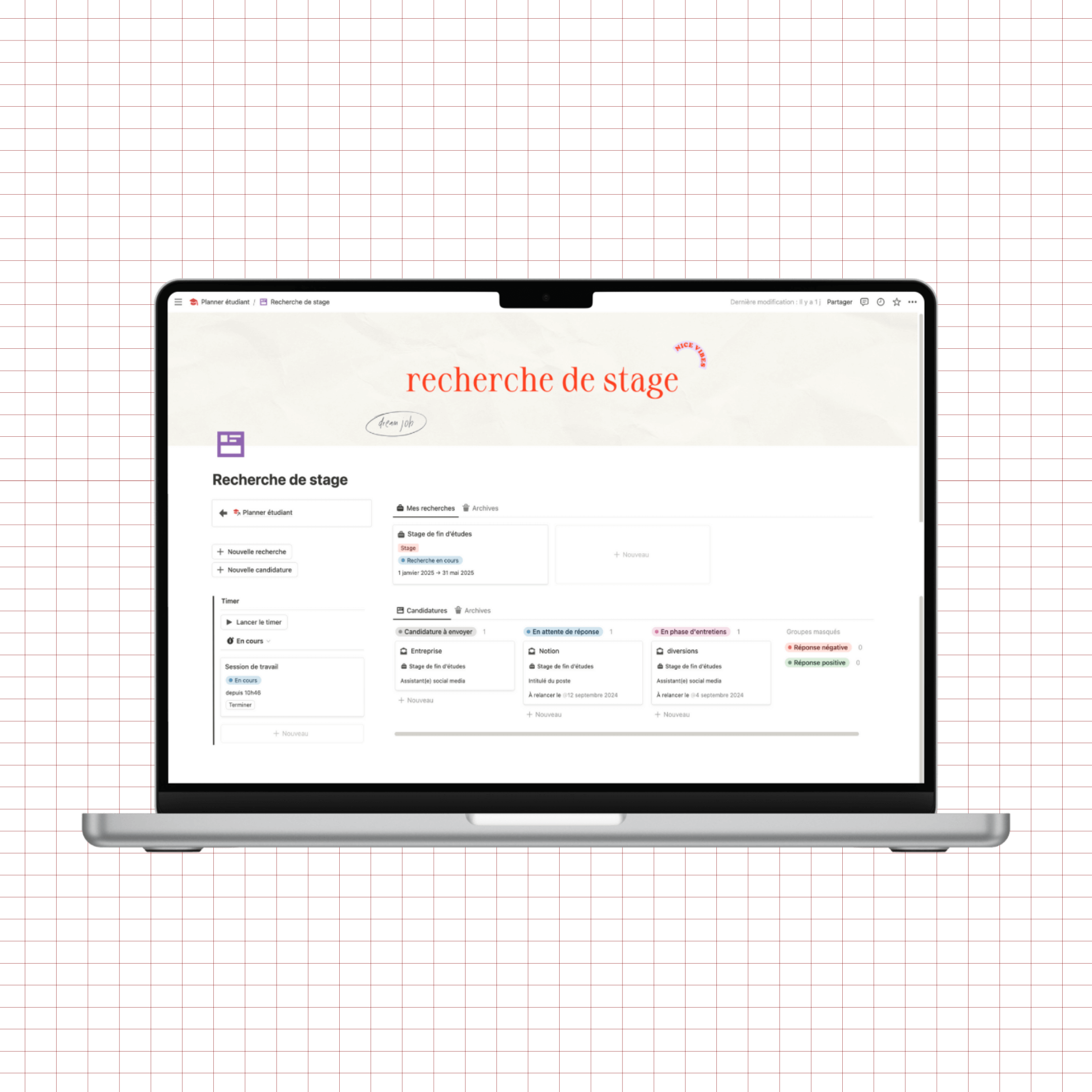 planner étudiant notion, outil de suivi de recherche de stage