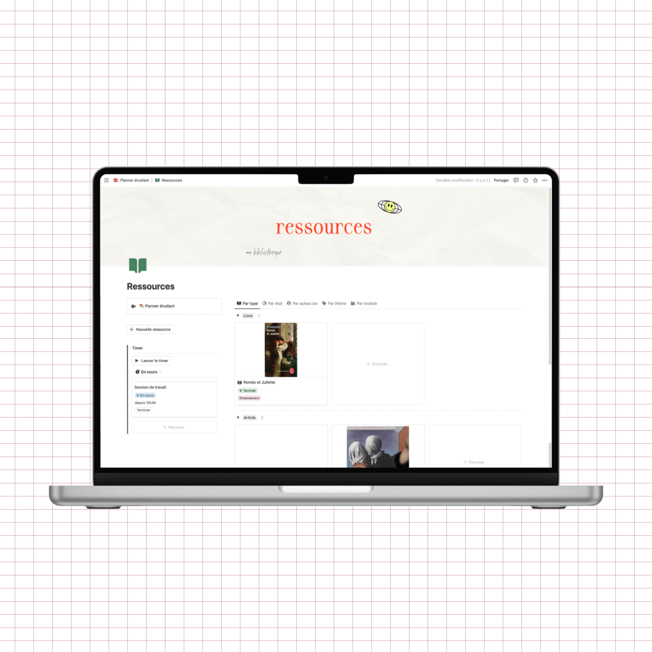 planner étudiant notion bibliothèque de ressources