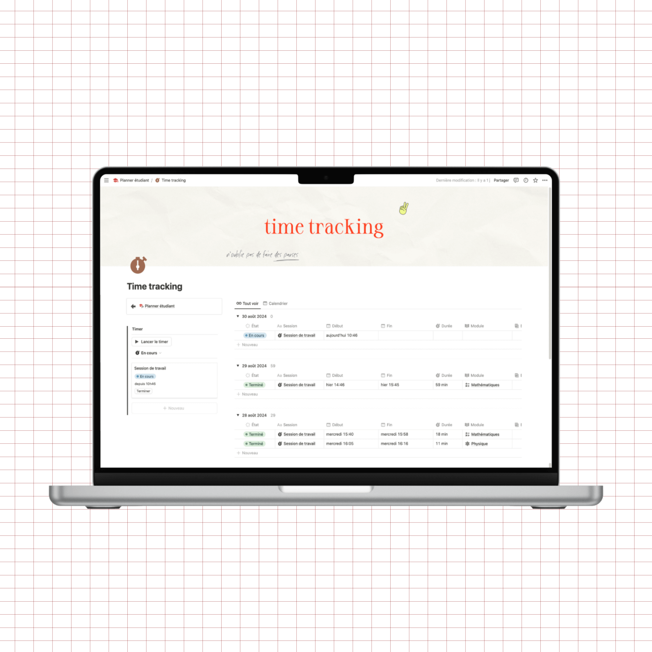 planner étudiant notion time tracker