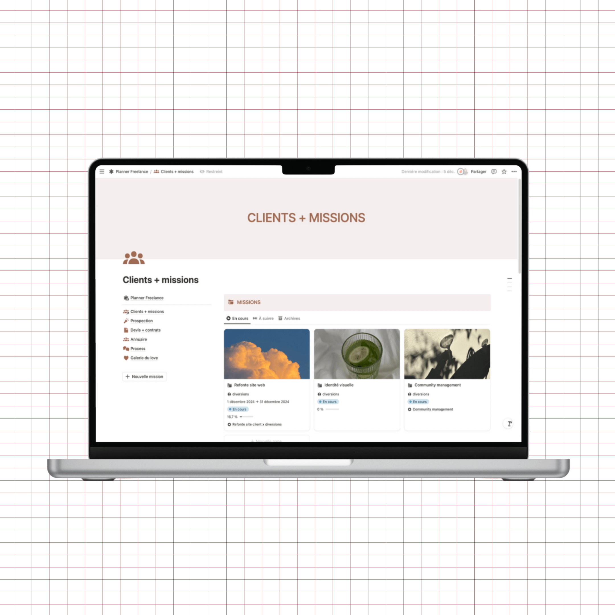 planner freelance notion, suivi des missions, prospection, devis