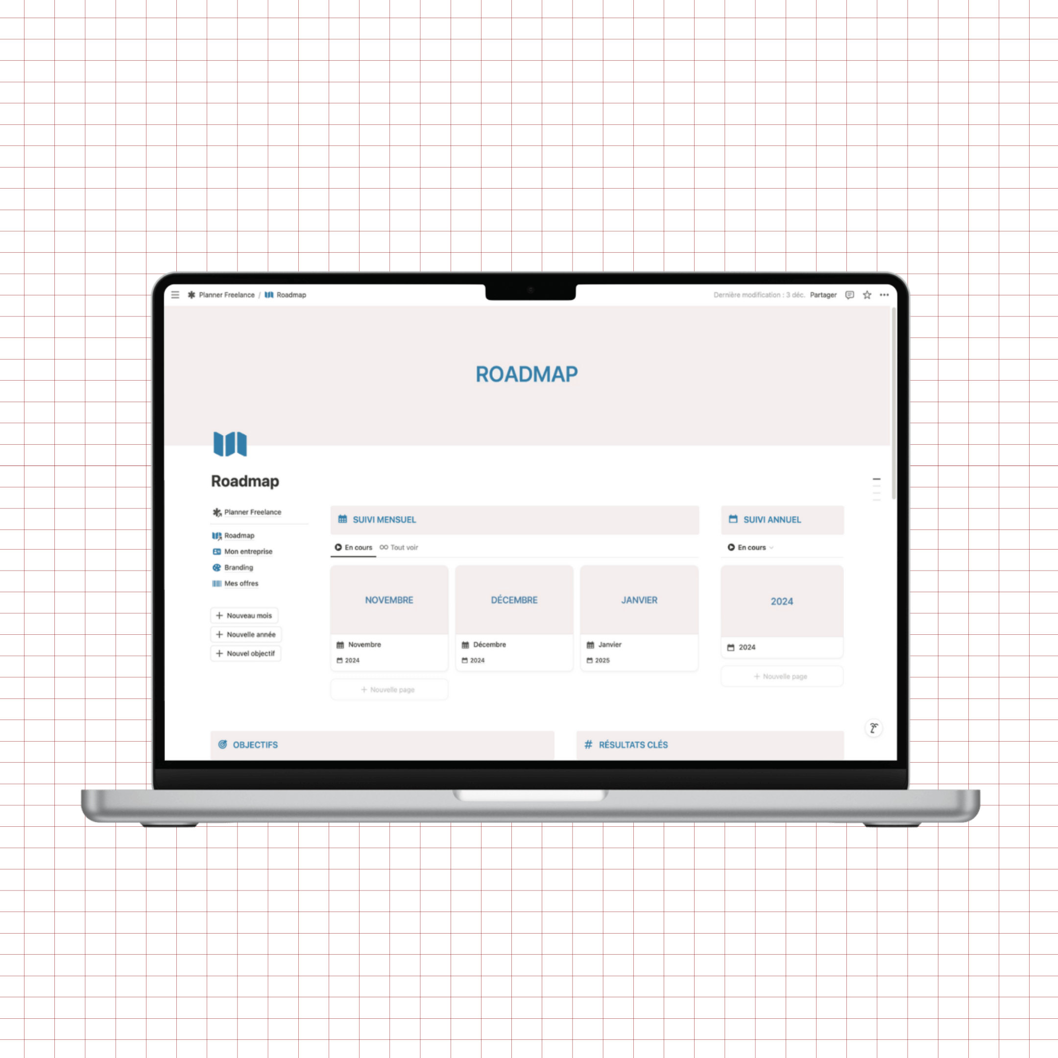 planner freelance notion, feuille de route, bilans