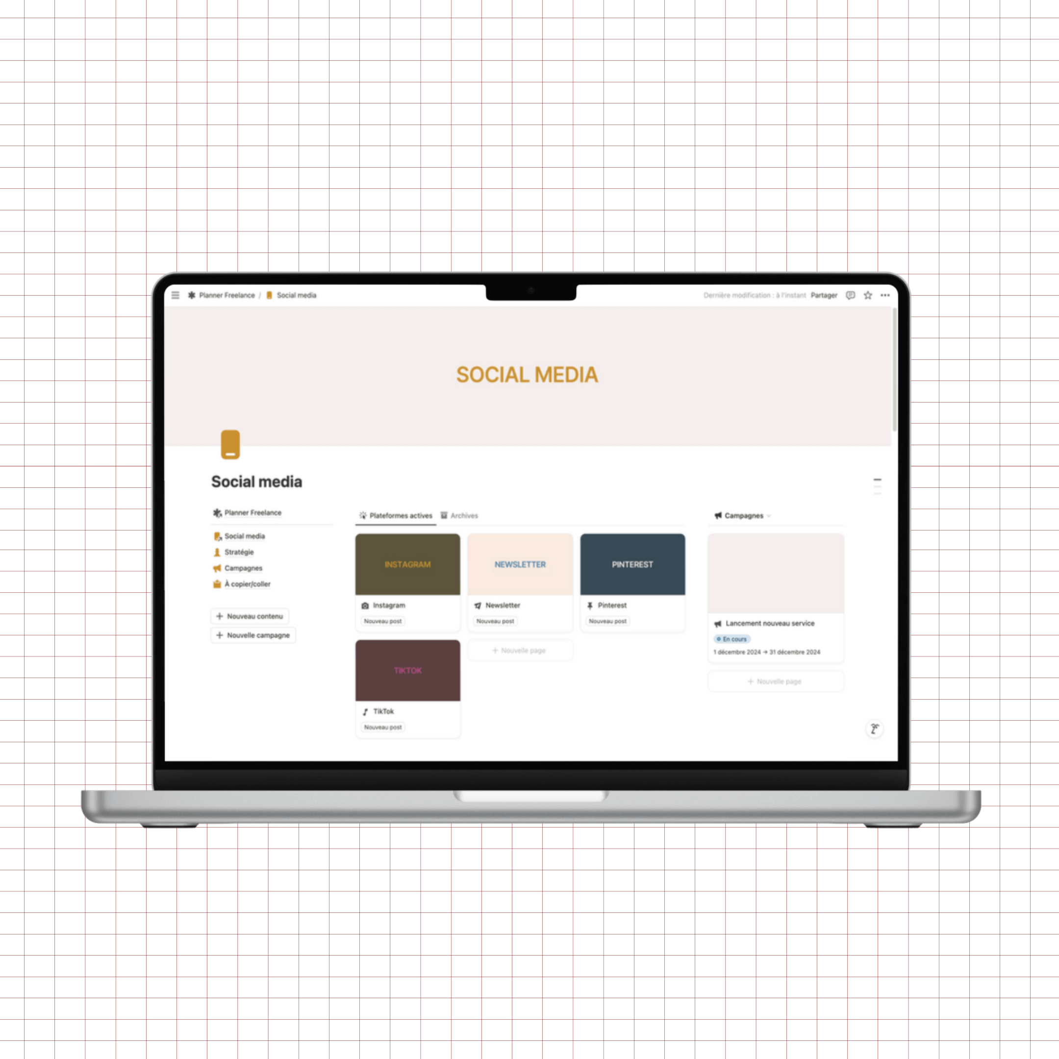 planner freelance notion, calendrier de contenu réseaux sociaux