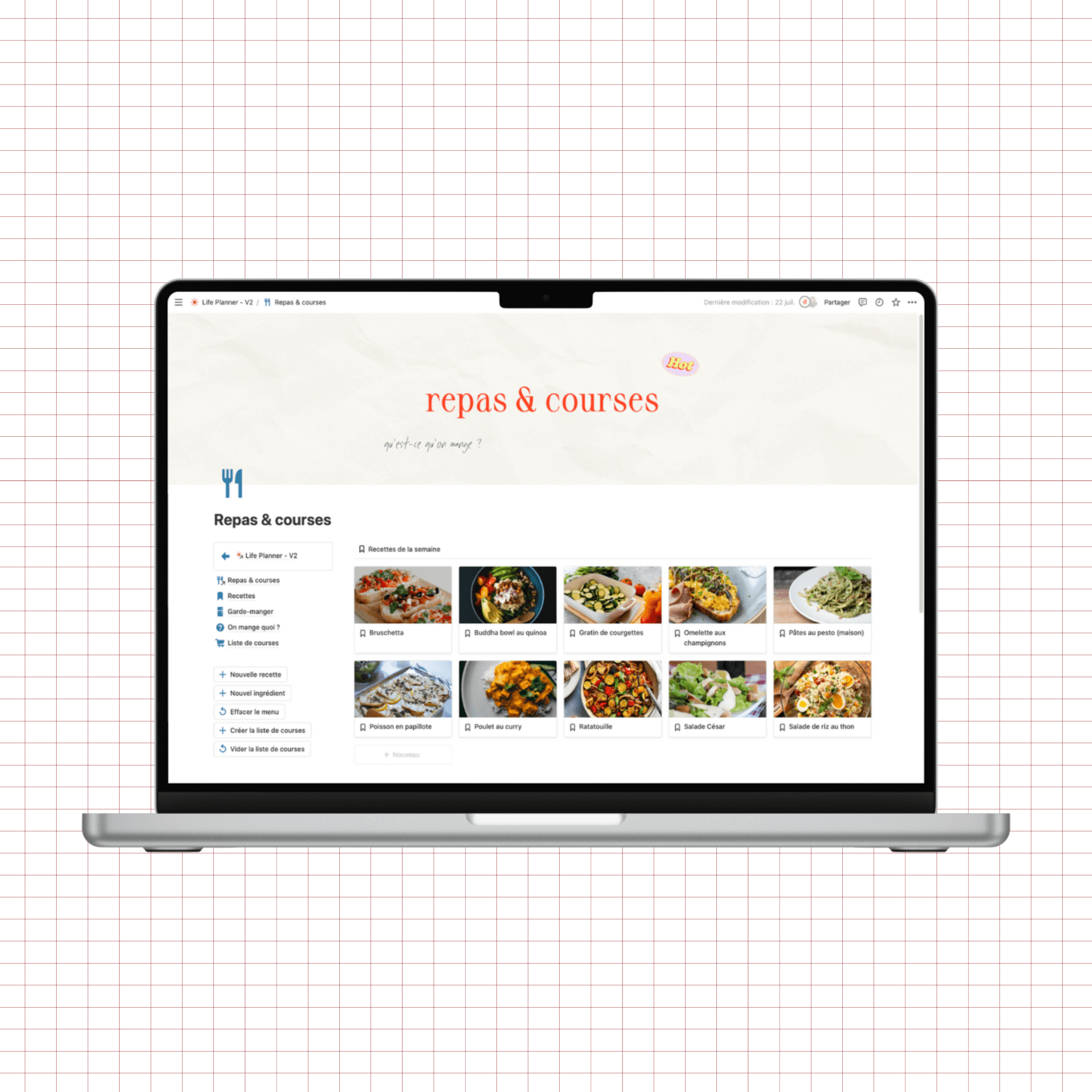 life planner notion, page planificateur de repas