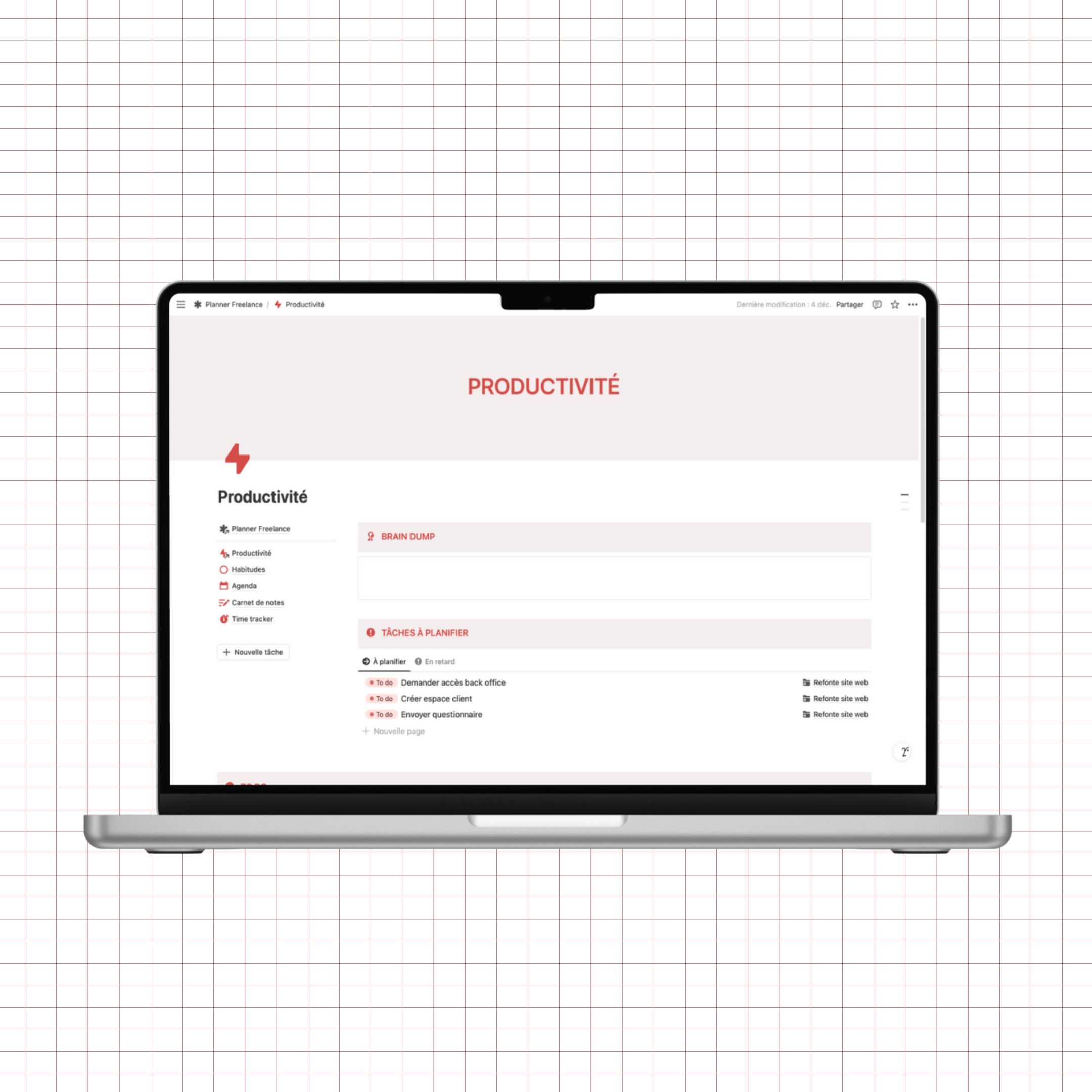 planner freelance notion, tâches, projets, time tracker, agenda